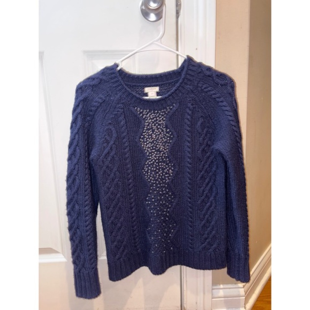 Women's J. Crew Navy‎ Blue Cable Knit Beaded Crewneck Sweater XS rhinestones